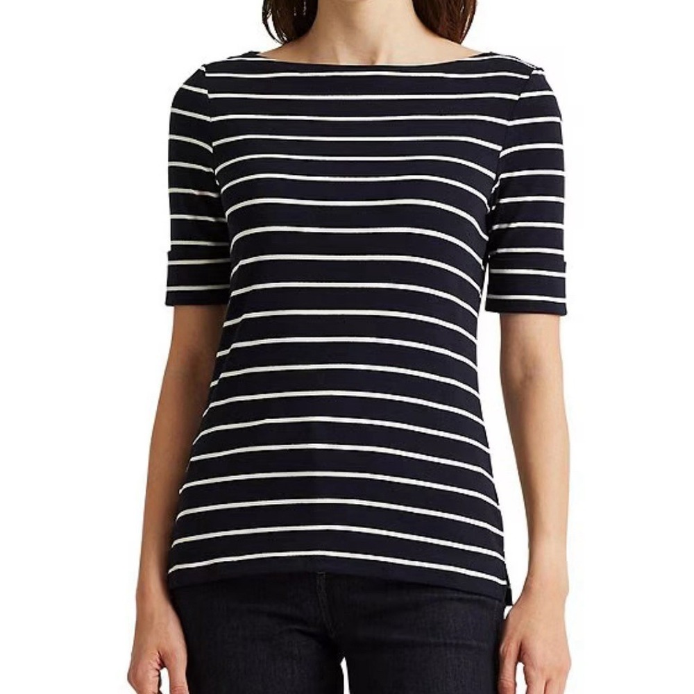 Lauren Ralph Lauren Navy White Striped Boat Neck Elbow Sleeve Top Knit LARGE